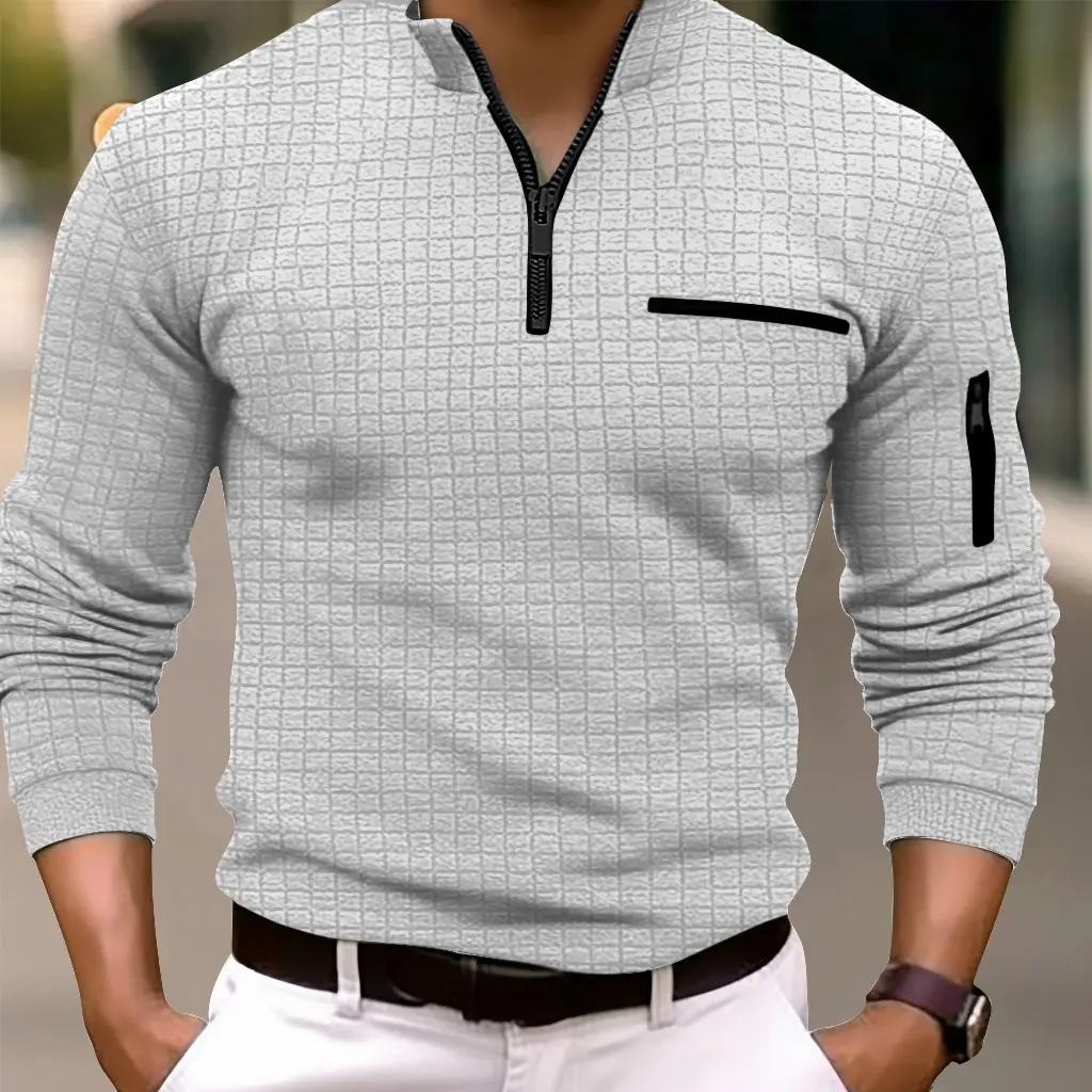 Men's Waffle Four Season Popular Pullover Sweatshirt Men's Fashionable and Comfortable Checkerboard Polo Shirt