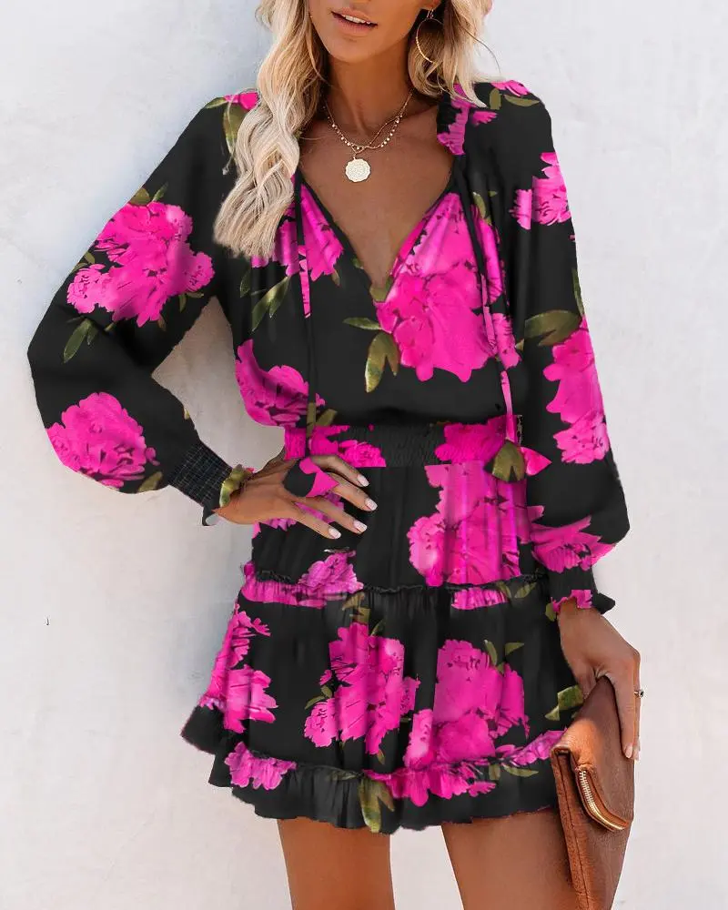 Spring and Summer Long Sleeved Printed Waist Cinching Floral Leopard Print Pleated V-neck Mini Dress Vacation Long Sleeved Dress