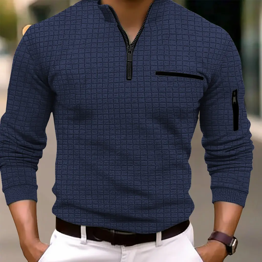 Men's Waffle Four Season Popular Pullover Sweatshirt Men's Fashionable and Comfortable Checkerboard Polo Shirt