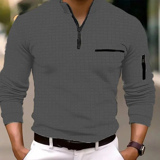 Men's Waffle Four Season Popular Pullover Sweatshirt Men's Fashionable and Comfortable Checkerboard Polo Shirt