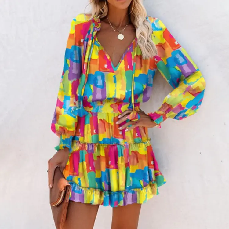 Spring and Summer Long Sleeved Printed Waist Cinching Floral Leopard Print Pleated V-neck Mini Dress Vacation Long Sleeved Dress
