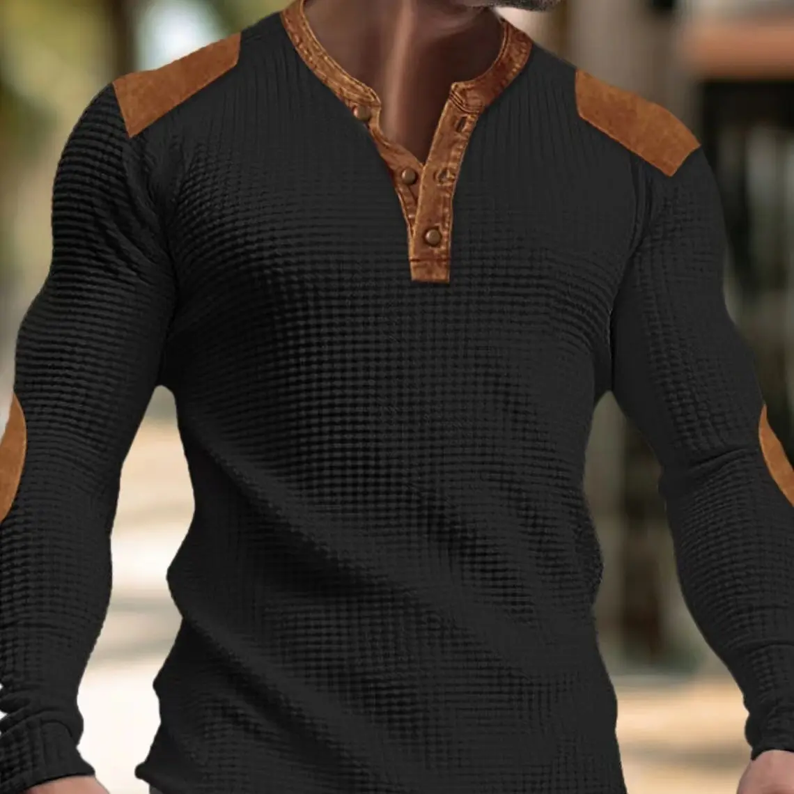 New Breathable Men's Casual Hoodie with Spring and Autumn V-neck Patchwork Shoulder Casual Outdoor Long Sleeved Henley Shirt