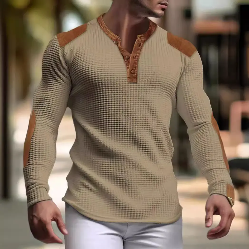 New Breathable Men's Casual Hoodie with Spring and Autumn V-neck Patchwork Shoulder Casual Outdoor Long Sleeved Henley Shirt