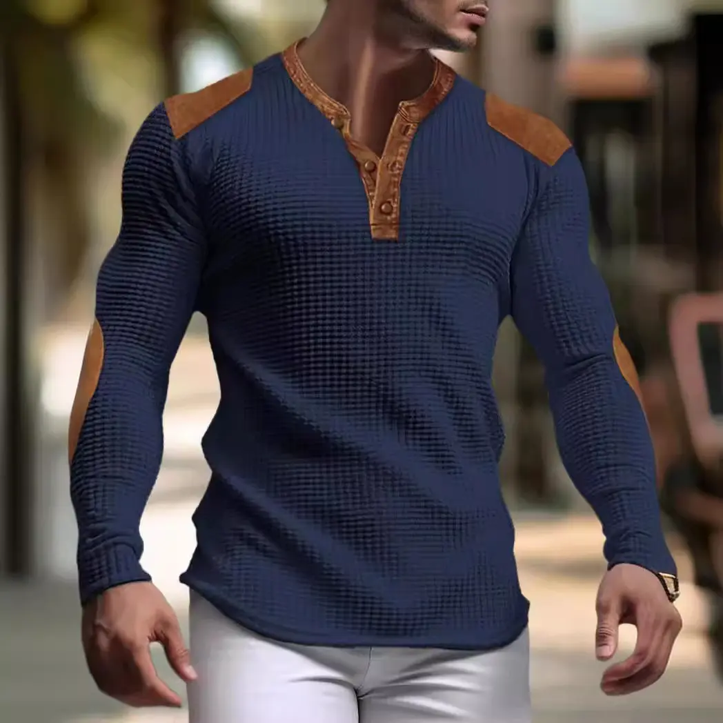 New Breathable Men's Casual Hoodie with Spring and Autumn V-neck Patchwork Shoulder Casual Outdoor Long Sleeved Henley Shirt