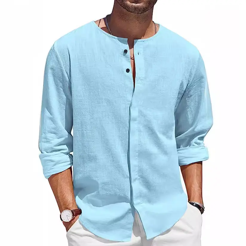 Hawaiian Men's Breathable Cotton Hemp Shirt Long Sleeve Casual Button Collar Beach Shirt Summer Loose Vacation Style