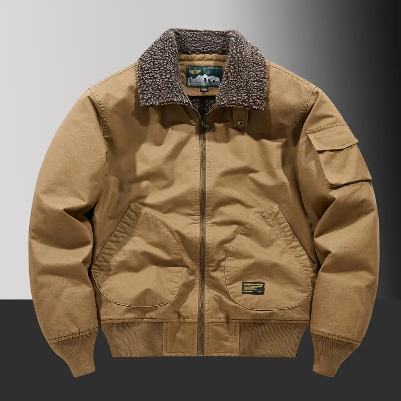 Winter New Flight Suit with Fleece Jacket Men's Loose Collar Workwear Cotton Coat Lamb Fleece Thick Warm Cotton Coat
