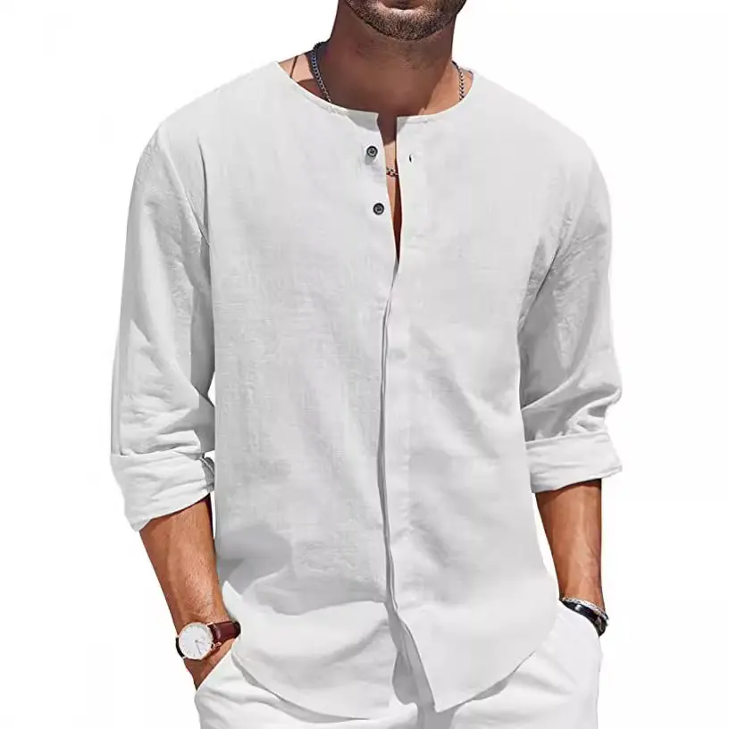 Hawaiian Men's Breathable Cotton Hemp Shirt Long Sleeve Casual Button Collar Beach Shirt Summer Loose Vacation Style