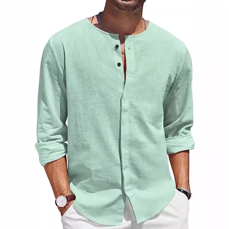 Hawaiian Men's Breathable Cotton Hemp Shirt Long Sleeve Casual Button Collar Beach Shirt Summer Loose Vacation Style