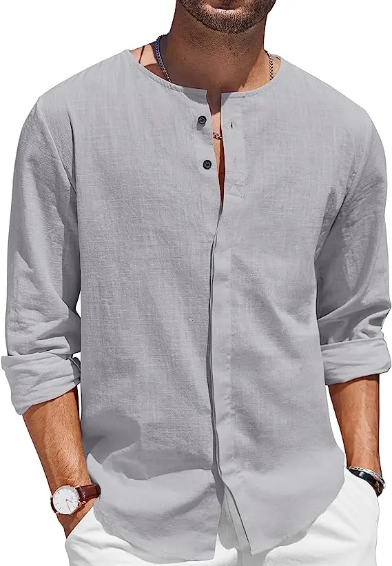 Hawaiian Men's Breathable Cotton Hemp Shirt Long Sleeve Casual Button Collar Beach Shirt Summer Loose Vacation Style