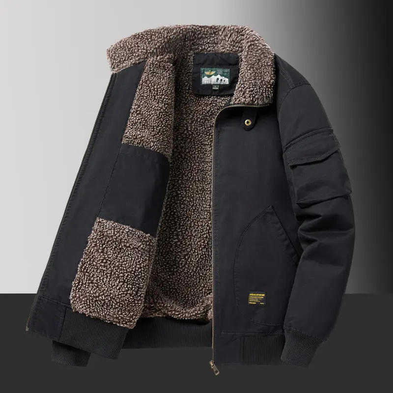 Winter New Flight Suit with Fleece Jacket Men's Loose Collar Workwear Cotton Coat Lamb Fleece Thick Warm Cotton Coat