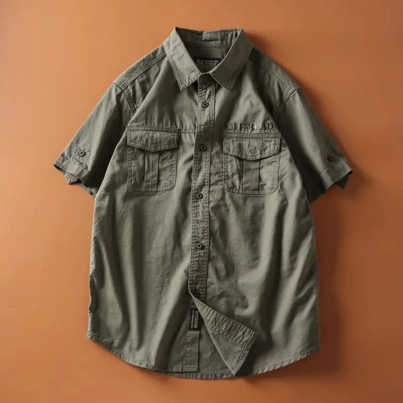 American Retro Multifunctional Multi Pocket Workwear Shirt for Men Washed Casual Shirt Suitable for Outdoor Sports and Hiking