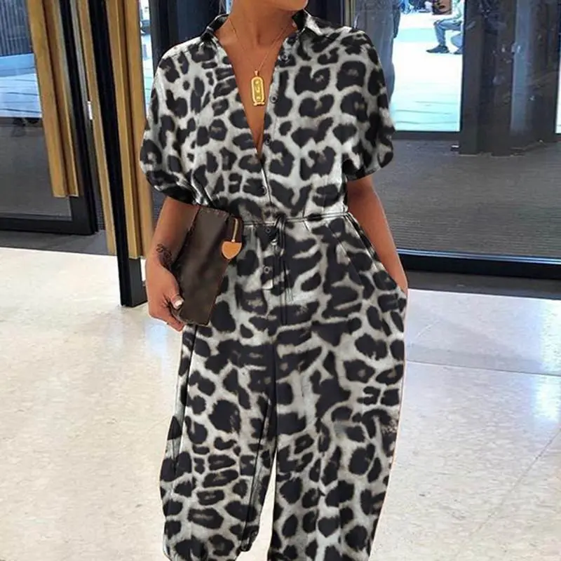 New Leopard Print Hot Selling Women's Set Commuting Jumpsuit Retro Style Short Sleeved Casual Pants Loose Sexy Plus Size Elegant