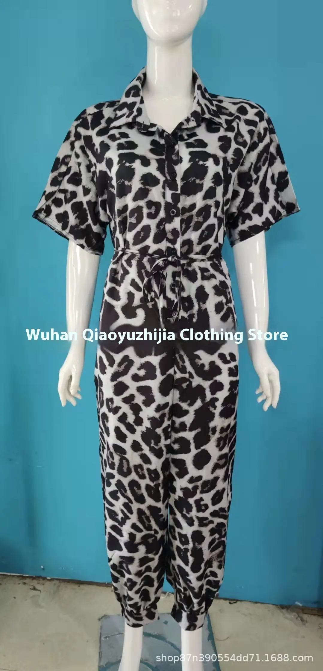 New Leopard Print Hot Selling Women's Set Commuting Jumpsuit Retro Style Short Sleeved Casual Pants Loose Sexy Plus Size Elegant
