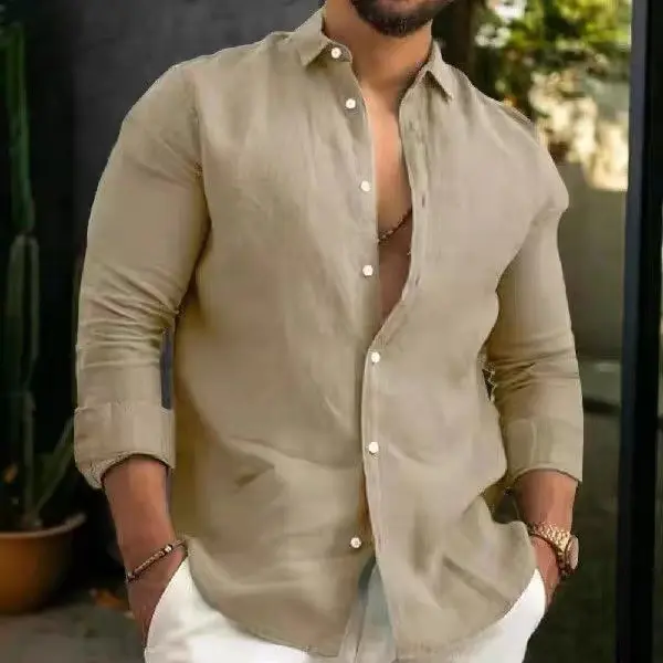 2025 Men's Linen Cotton Shirt Long Sleeve Solid Color Casual Business Turn-down Collar Shirt Jacket for Men