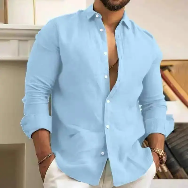 2025 Men's Linen Cotton Shirt Long Sleeve Solid Color Casual Business Turn-down Collar Shirt Jacket for Men