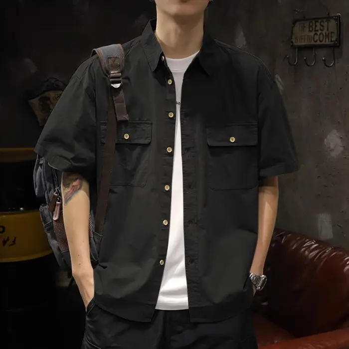 Korean Popular Clothes Men's Linen Shirt Men's Black Shirt Summer Man Shirt Man Short Sleeve Shirt Summer Top
