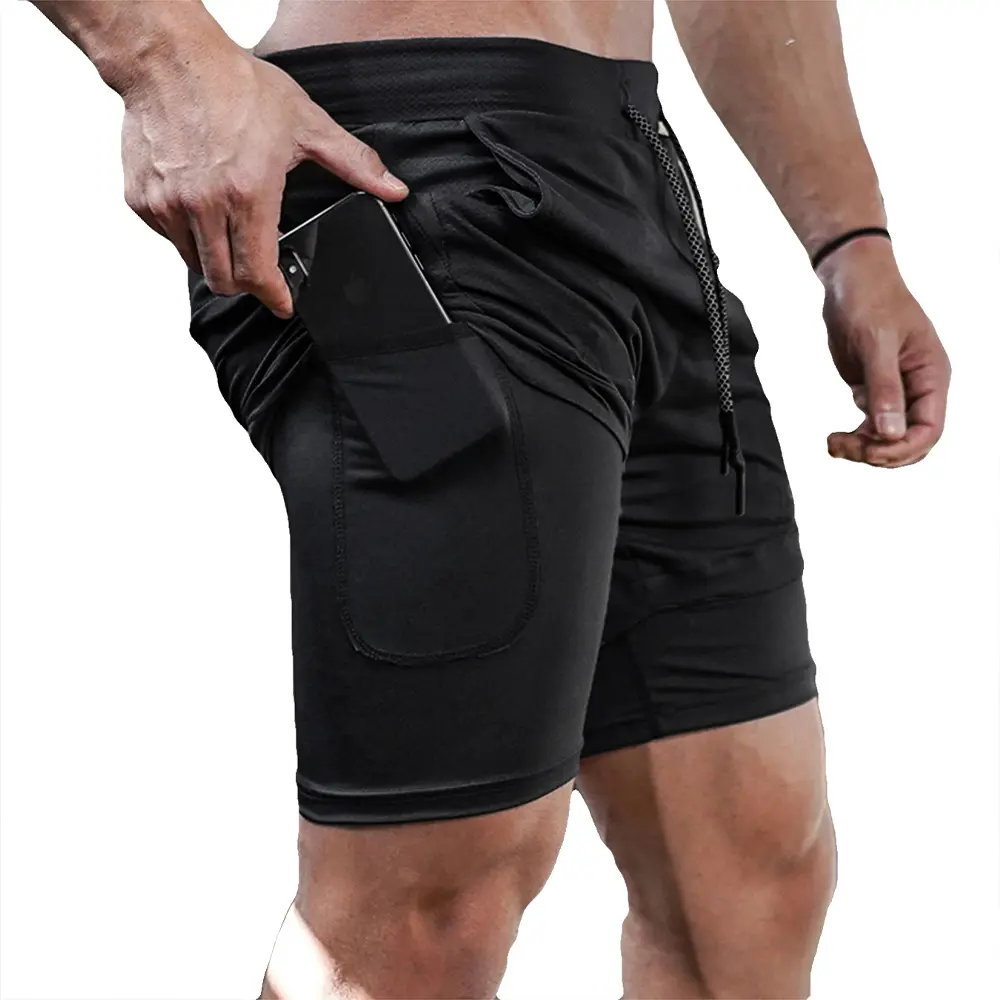 Summer Men's Double Layer Fitness Shorts Drawstring Mesh Lining Elastic Waist Breathable Quick Dry to Beach Pool Male