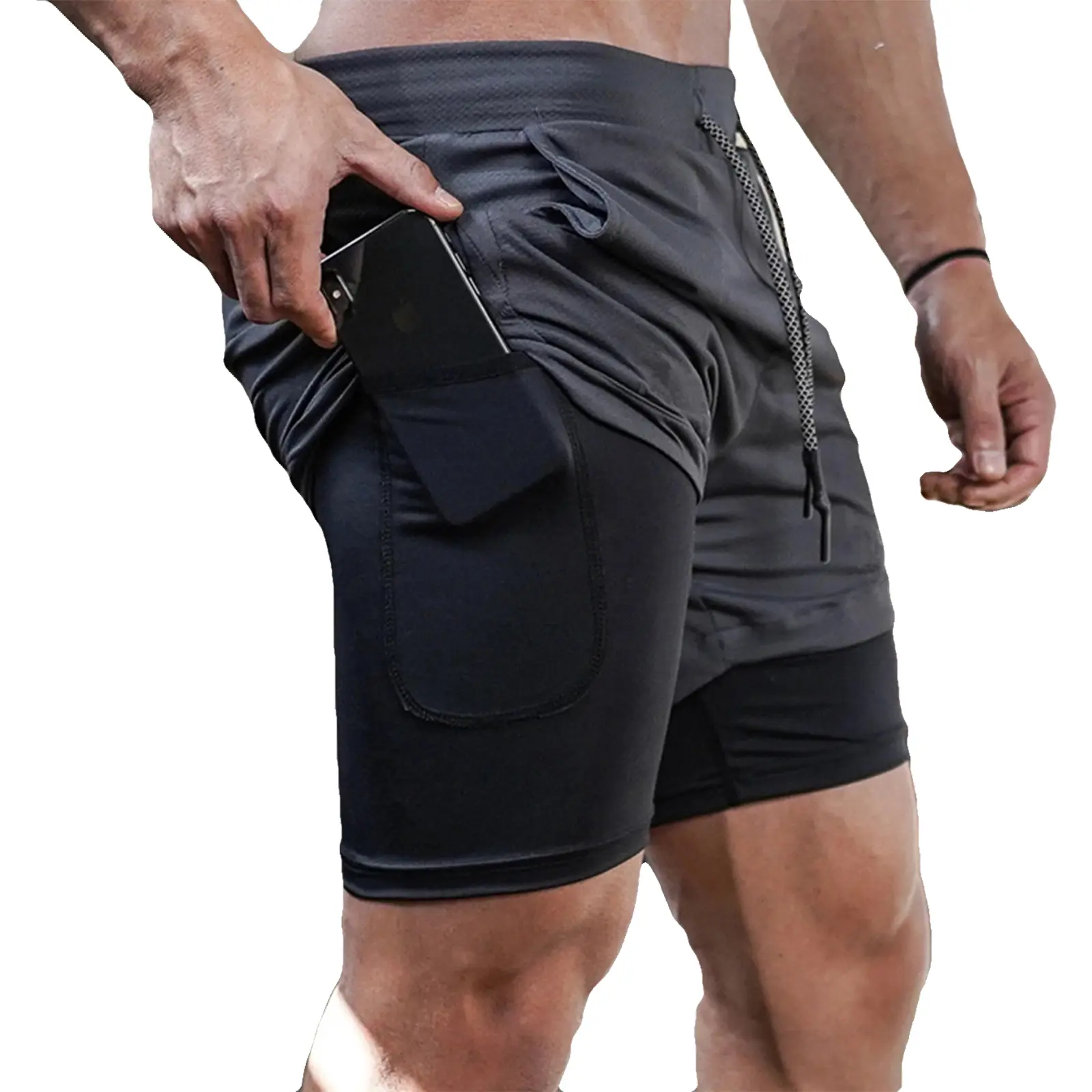 Summer Men's Double Layer Fitness Shorts Drawstring Mesh Lining Elastic Waist Breathable Quick Dry to Beach Pool Male