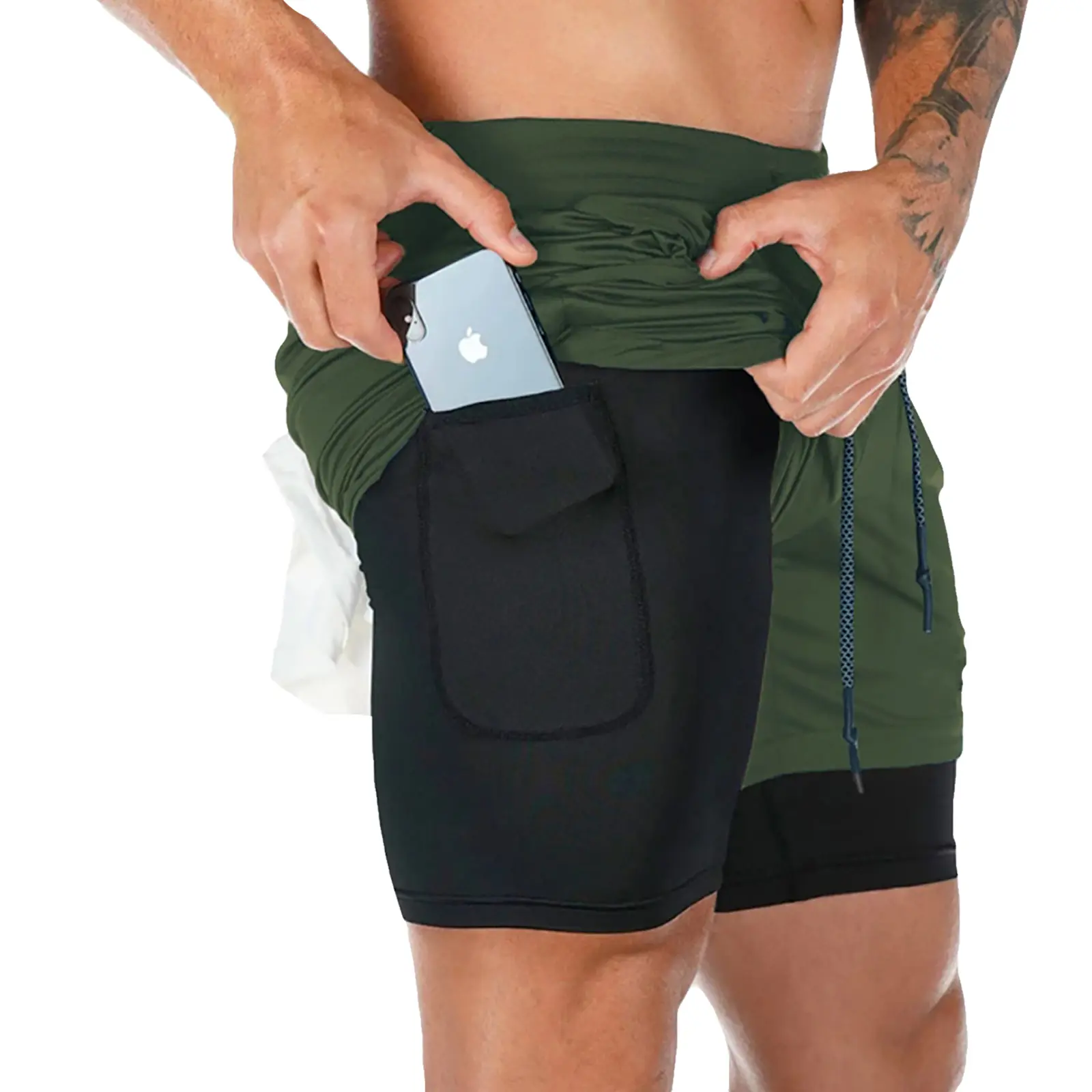 Summer Men's Double Layer Fitness Shorts Drawstring Mesh Lining Elastic Waist Breathable Quick Dry to Beach Pool Male