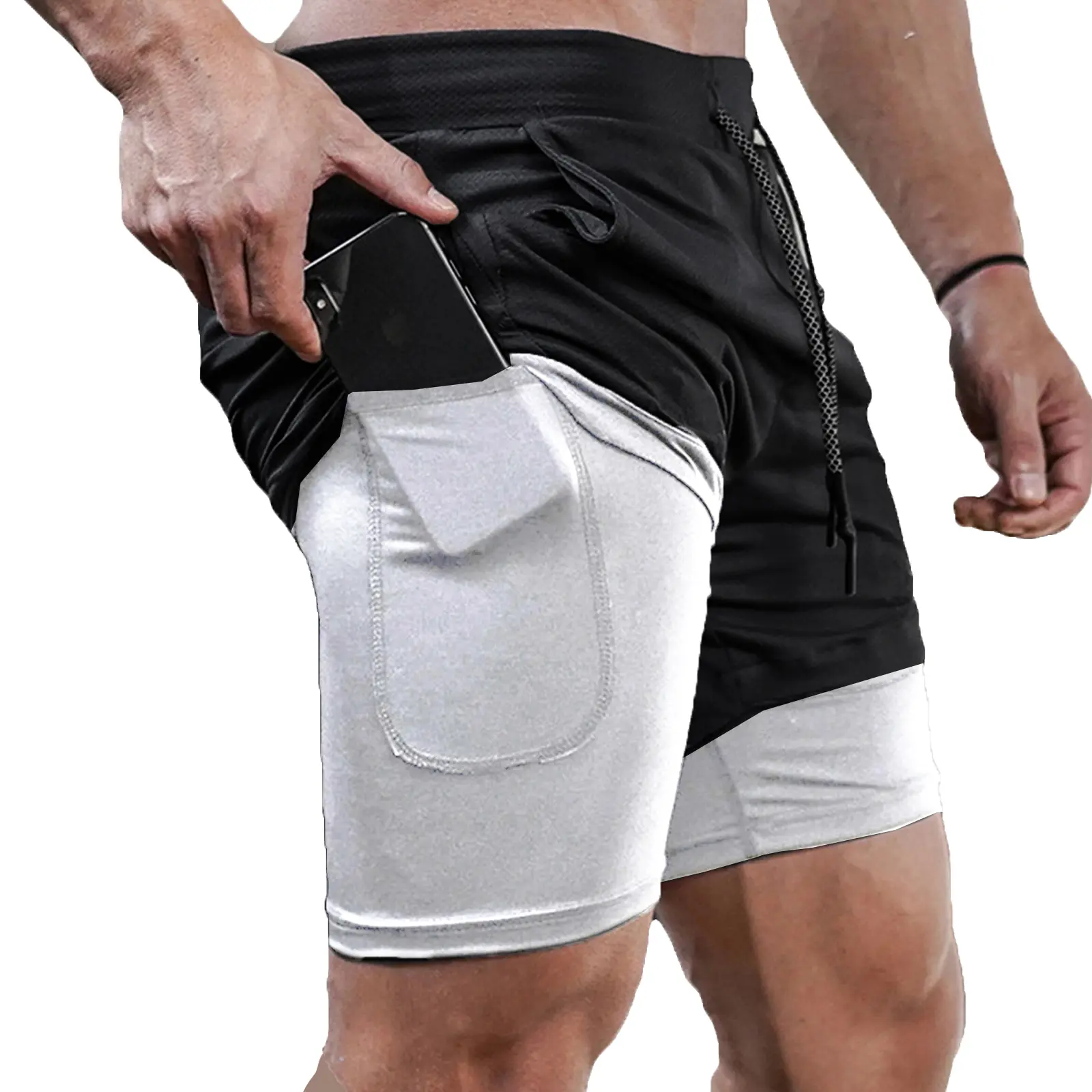 Summer Men's Double Layer Fitness Shorts Drawstring Mesh Lining Elastic Waist Breathable Quick Dry to Beach Pool Male