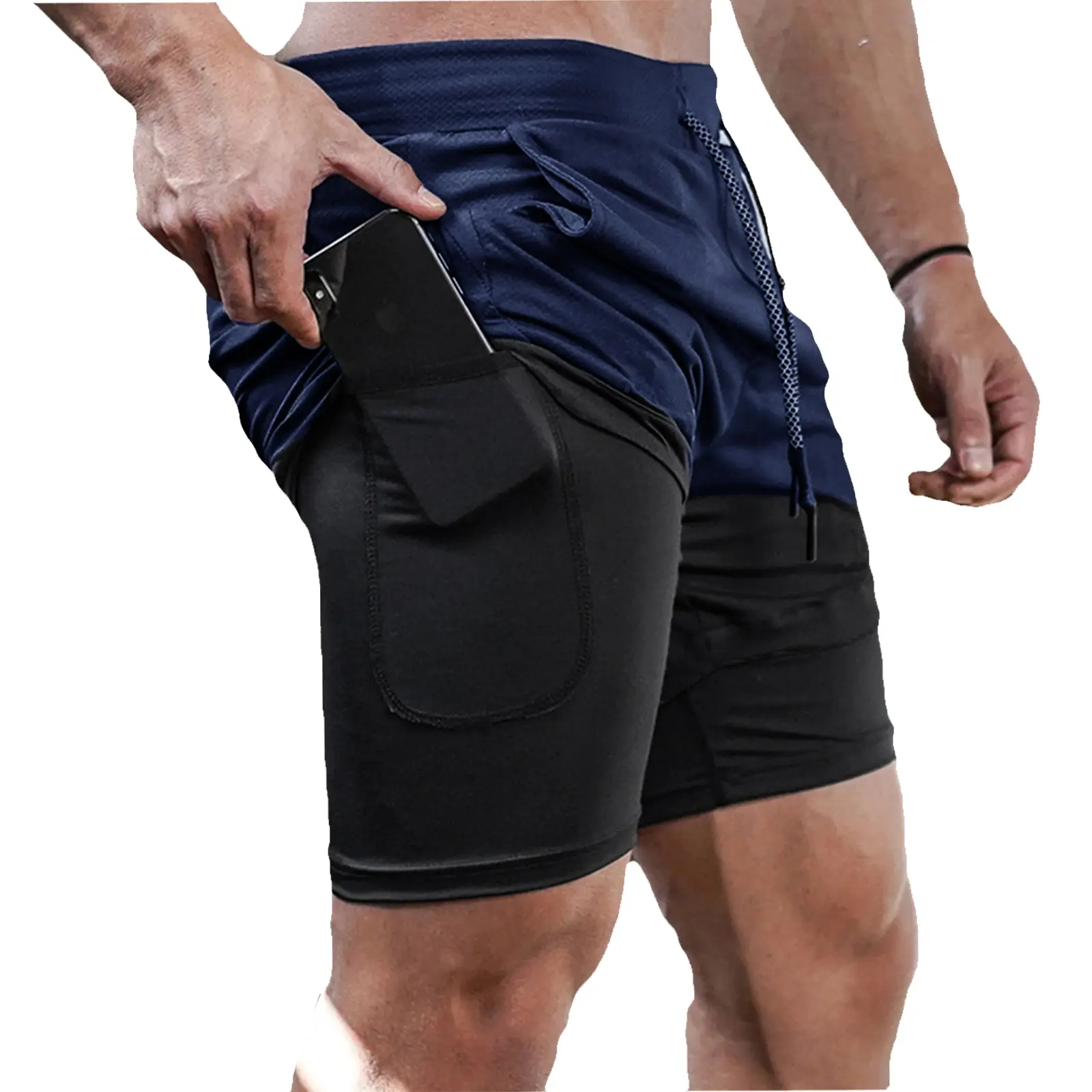 Summer Men's Double Layer Fitness Shorts Drawstring Mesh Lining Elastic Waist Breathable Quick Dry to Beach Pool Male