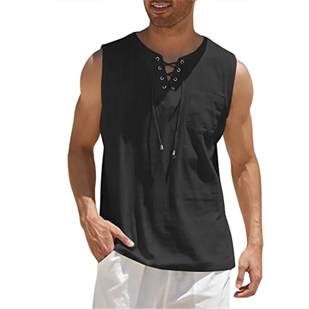 Men Summer Tank Top Sleeveless T-Shirt Lace-up Design Solid Color Shirt Loose Fit Vest Daily Vest Men Clothing