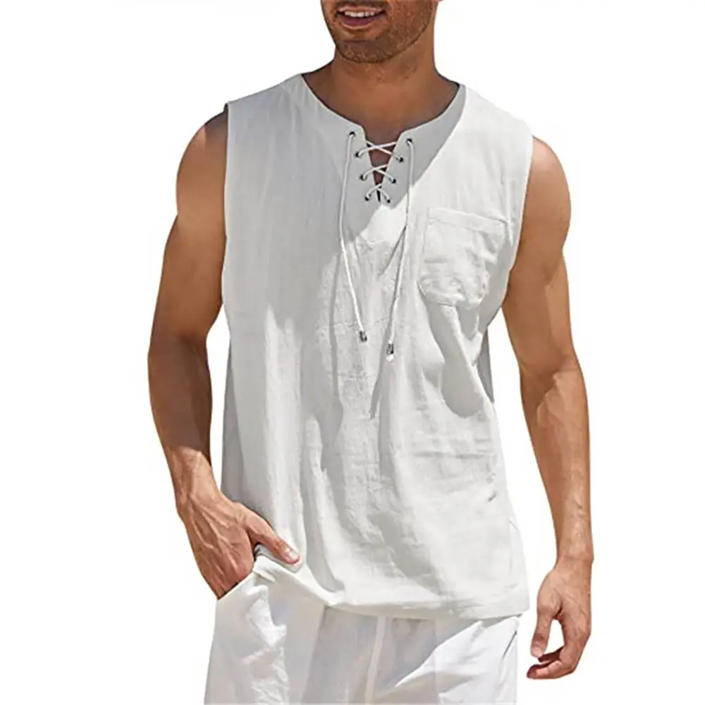 Men Summer Tank Top Sleeveless T-Shirt Lace-up Design Solid Color Shirt Loose Fit Vest Daily Vest Men Clothing