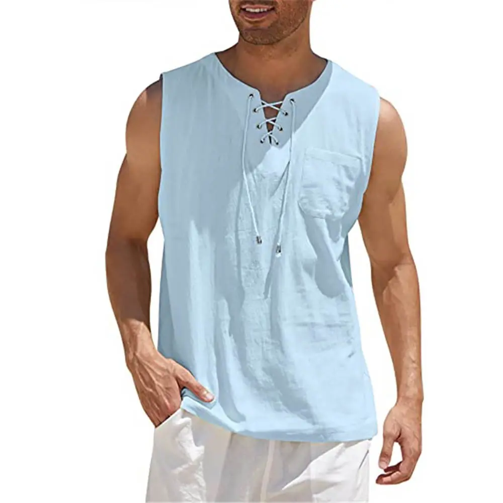 Men Summer Tank Top Sleeveless T-Shirt Lace-up Design Solid Color Shirt Loose Fit Vest Daily Vest Men Clothing