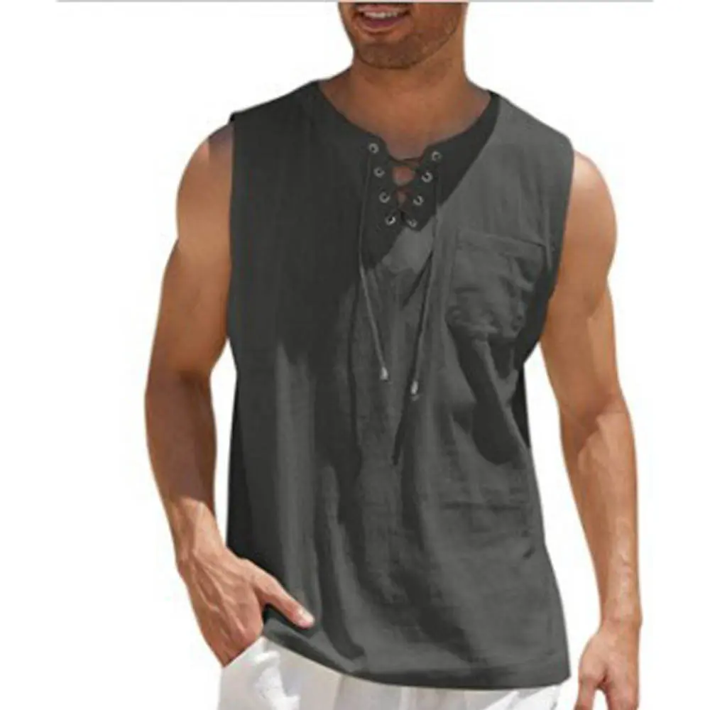 Men Summer Tank Top Sleeveless T-Shirt Lace-up Design Solid Color Shirt Loose Fit Vest Daily Vest Men Clothing