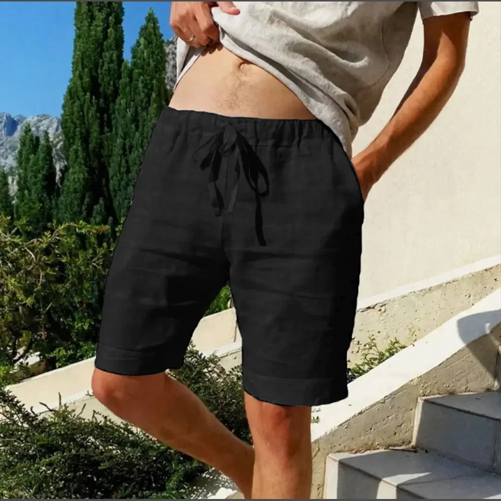 Men's Solid Color Casual Short Pants Beach Breathable Loose Straight Shorts Vintage Lace-up Drawstring Men Shorts