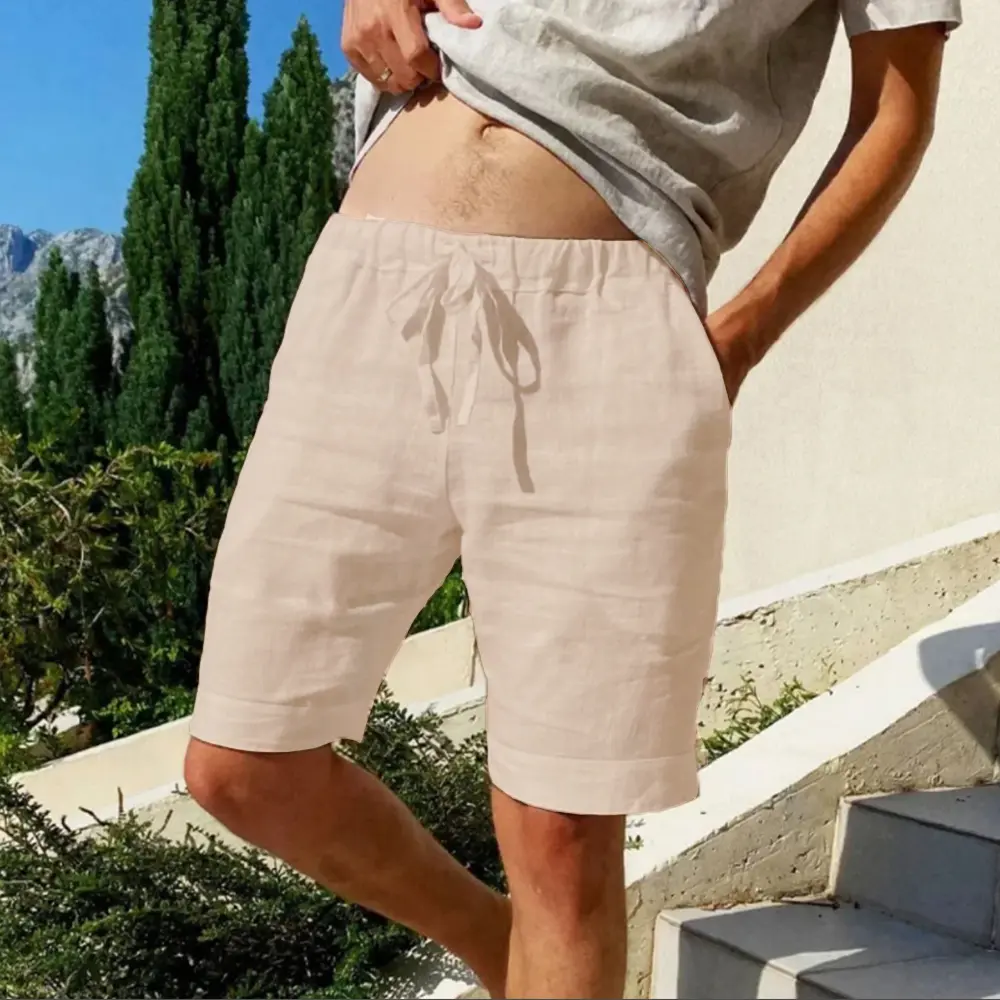 Men's Solid Color Casual Short Pants Beach Breathable Loose Straight Shorts Vintage Lace-up Drawstring Men Shorts