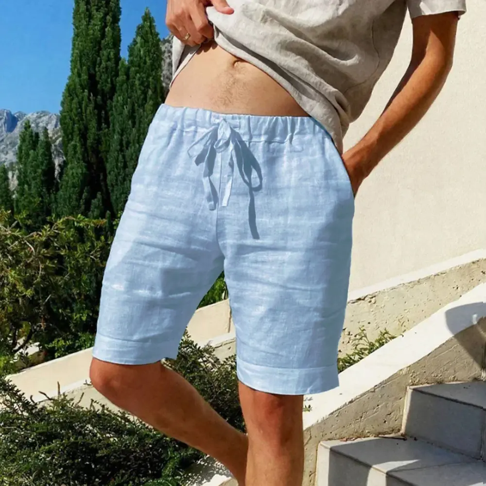 Men's Solid Color Casual Short Pants Beach Breathable Loose Straight Shorts Vintage Lace-up Drawstring Men Shorts