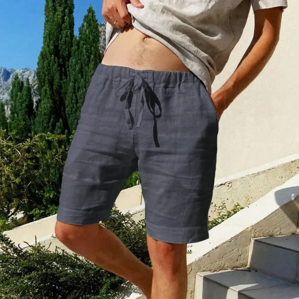 Men's Solid Color Casual Short Pants Beach Breathable Loose Straight Shorts Vintage Lace-up Drawstring Men Shorts