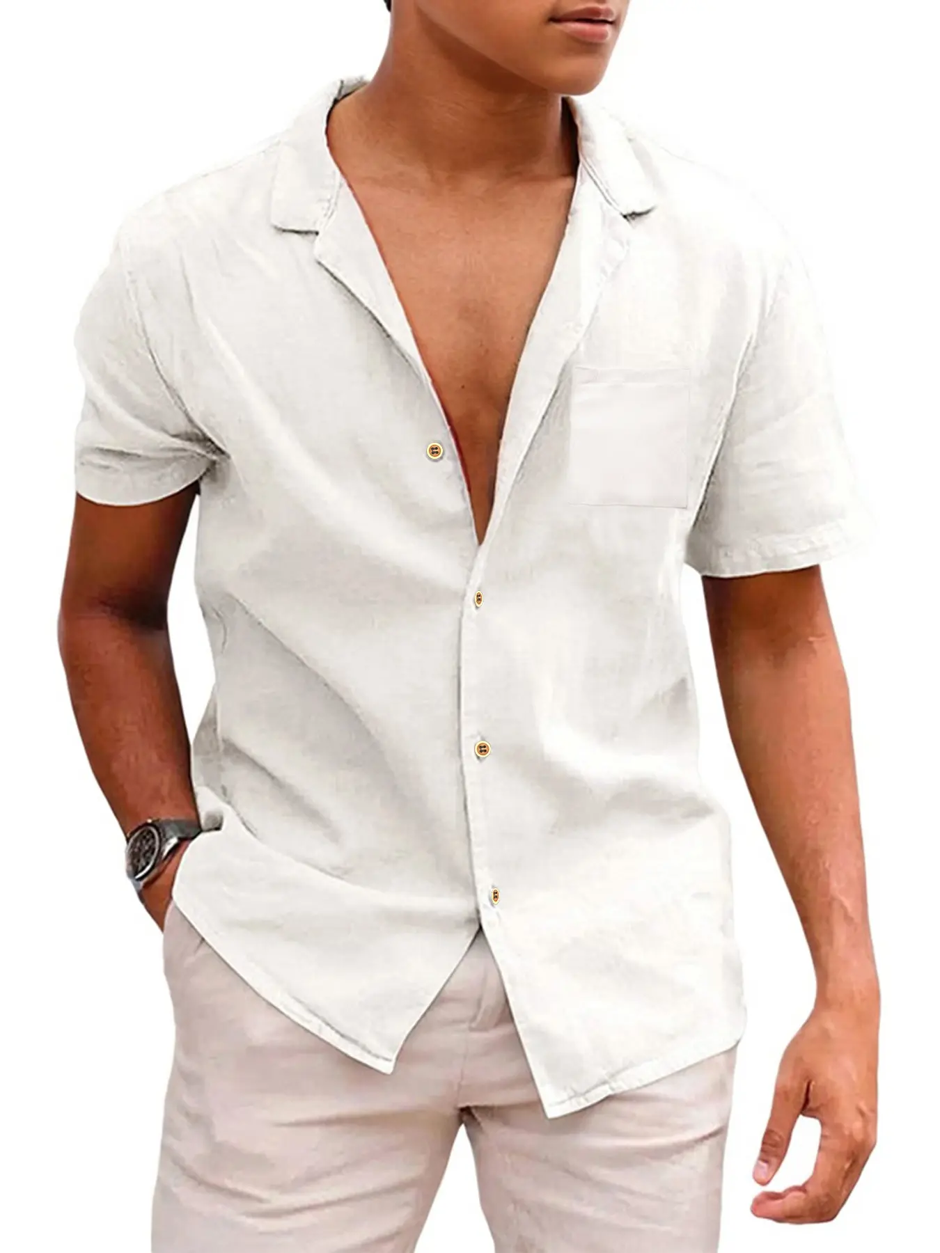 Men's Short-Sleeved Shirts Summer Solid Color Comfort Collar Casual Beach Vacation Shirts Casual Lightweight Button Shirts