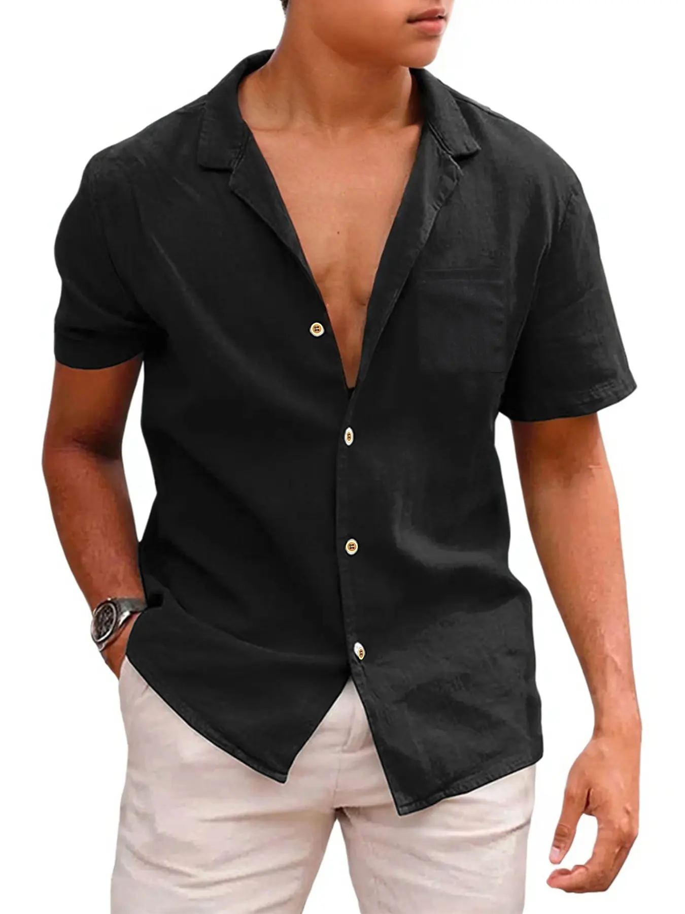Men's Short-Sleeved Shirts Summer Solid Color Comfort Collar Casual Beach Vacation Shirts Casual Lightweight Button Shirts