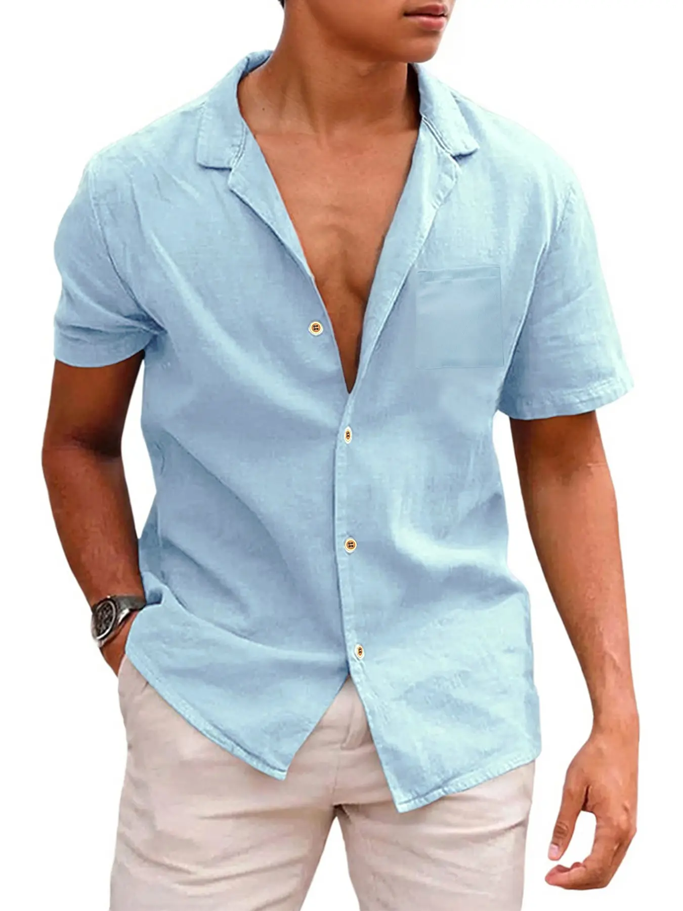 Men's Short-Sleeved Shirts Summer Solid Color Comfort Collar Casual Beach Vacation Shirts Casual Lightweight Button Shirts