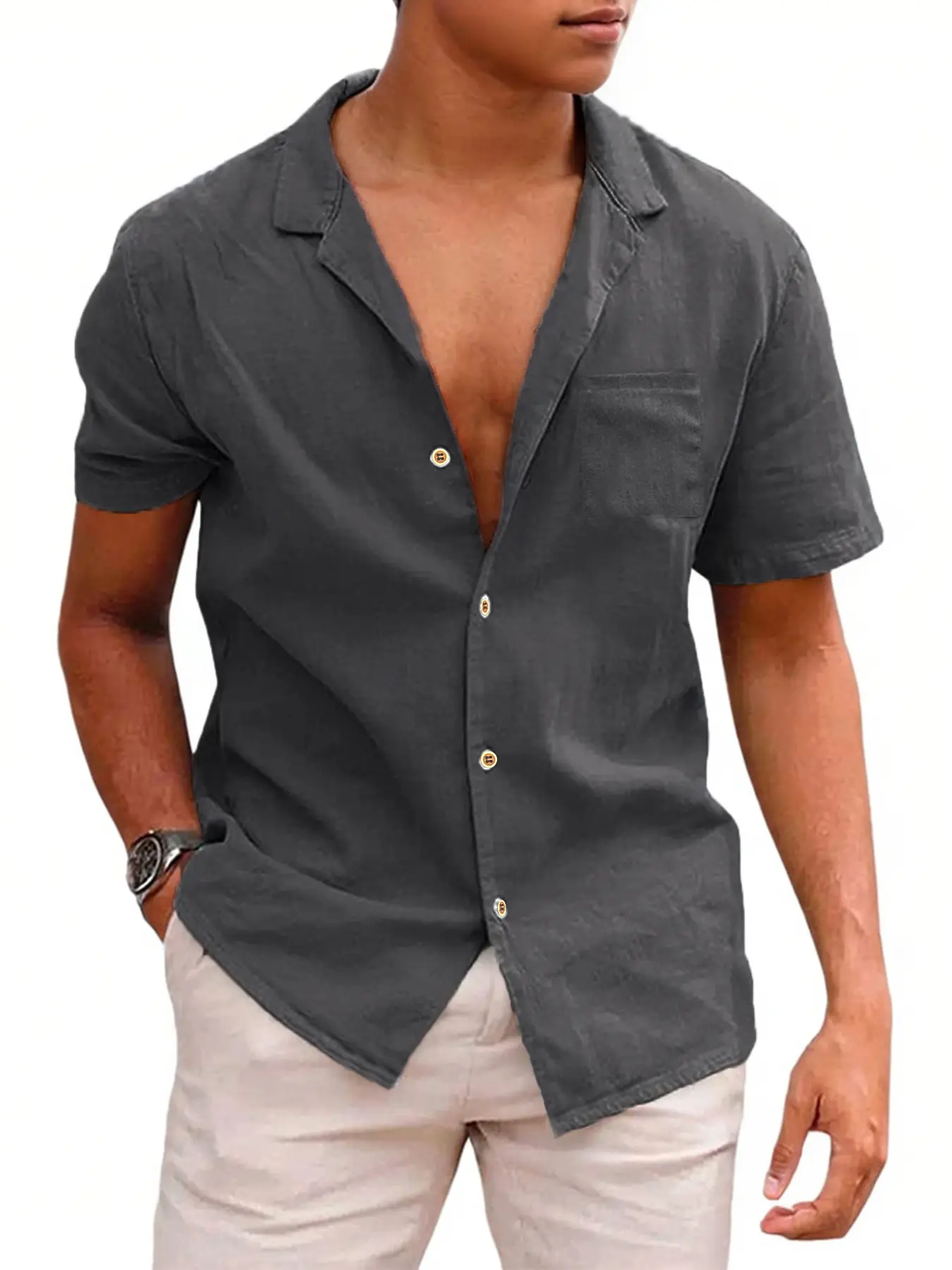 Men's Short-Sleeved Shirts Summer Solid Color Comfort Collar Casual Beach Vacation Shirts Casual Lightweight Button Shirts