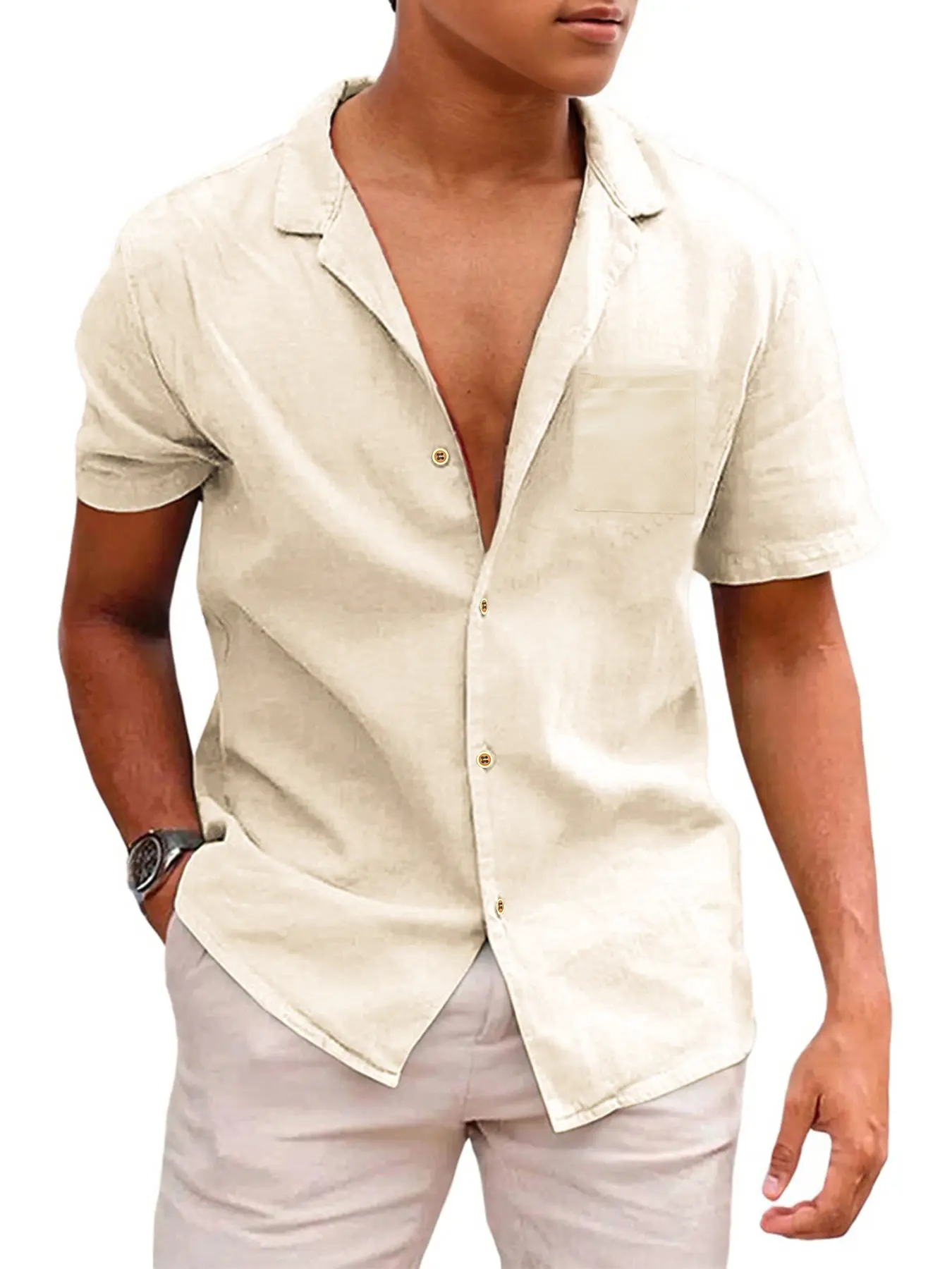 Men's Short-Sleeved Shirts Summer Solid Color Comfort Collar Casual Beach Vacation Shirts Casual Lightweight Button Shirts