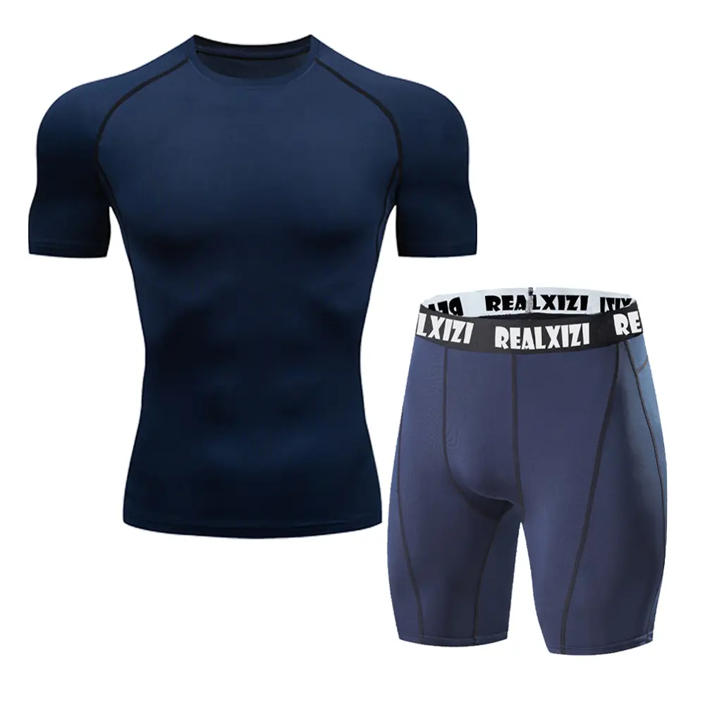 Men's Boxing Suit Summer Gym Workout Underwear Tights T-Shirt Short Sleeves Male Quick Dry Compression Shorts Sports Set
