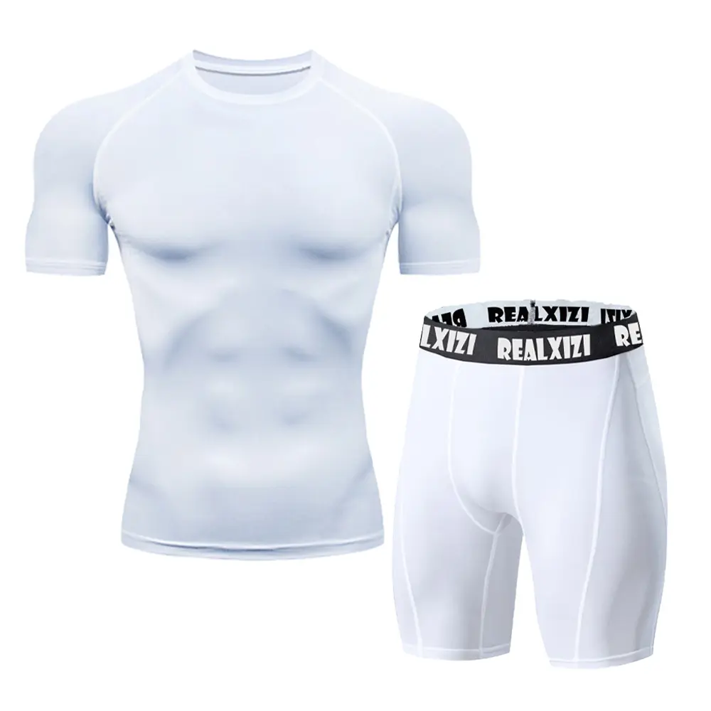 Men's Boxing Suit Summer Gym Workout Underwear Tights T-Shirt Short Sleeves Male Quick Dry Compression Shorts Sports Set