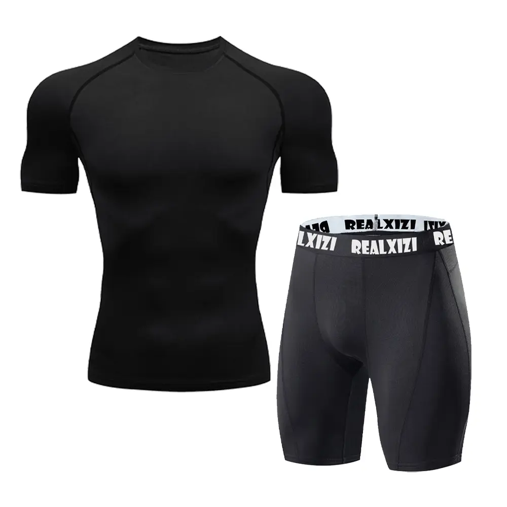 Men's Boxing Suit Summer Gym Workout Underwear Tights T-Shirt Short Sleeves Male Quick Dry Compression Shorts Sports Set