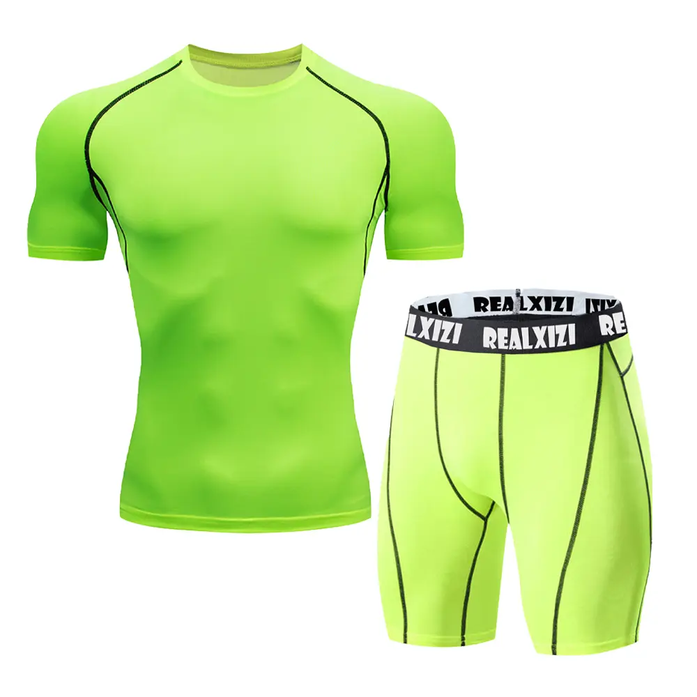 Men's Boxing Suit Summer Gym Workout Underwear Tights T-Shirt Short Sleeves Male Quick Dry Compression Shorts Sports Set