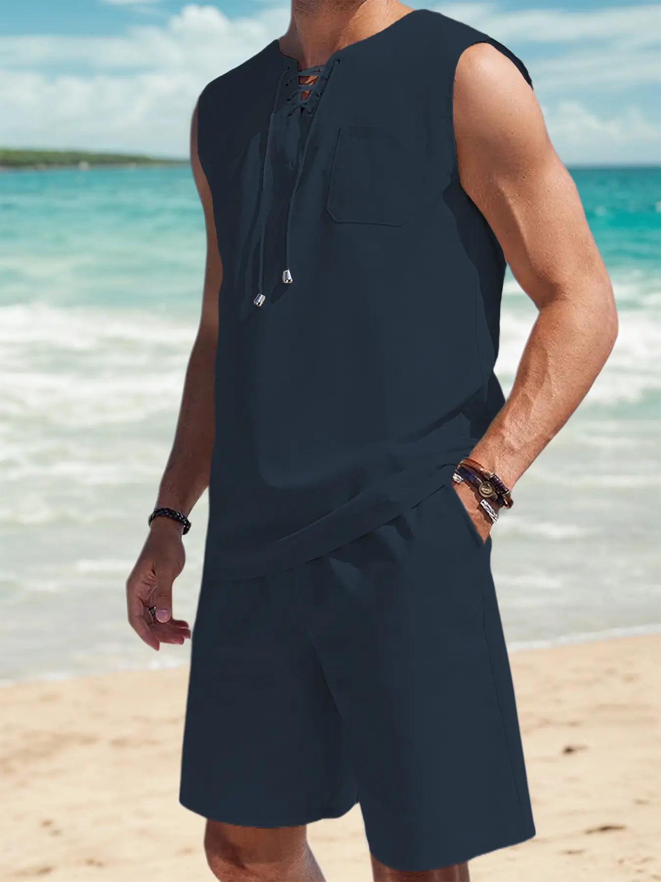 Summer Casual Men's Set Lightweight And Comfortable Clothing Men Leeveless Vest Shirt And Shorts Two-piece Suit ﻿