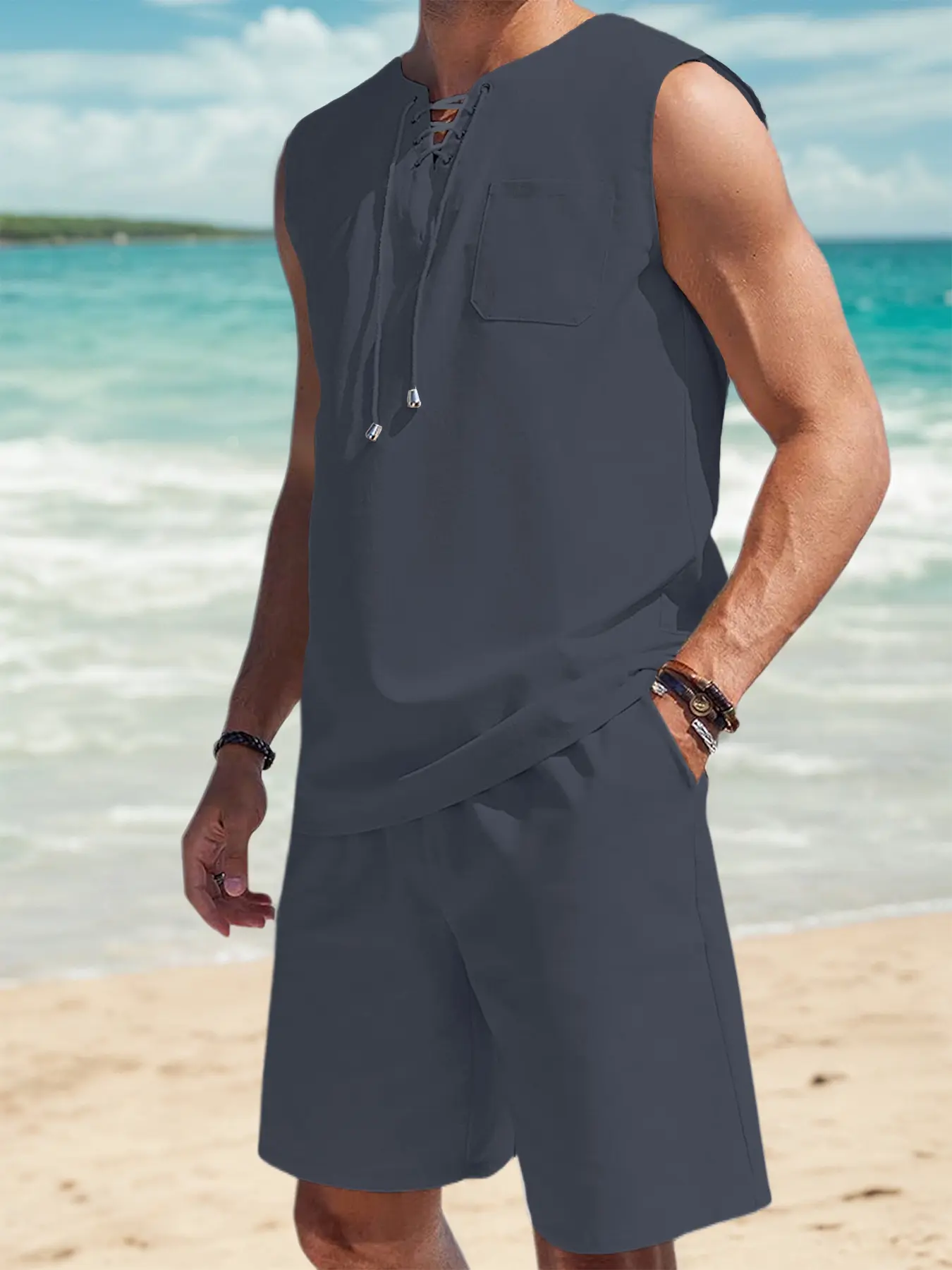 Summer Casual Men's Set Lightweight And Comfortable Clothing Men Leeveless Vest Shirt And Shorts Two-piece Suit ﻿