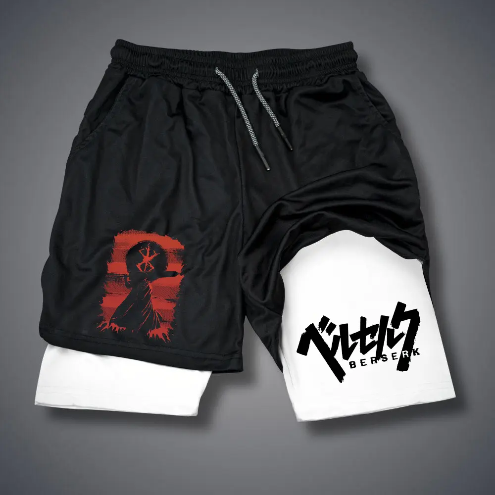 Anime Print 2 in 1 Compression Shorts for Men Athletic Performance Gym Shorts with Pockets Quick Dry Fitness Workout