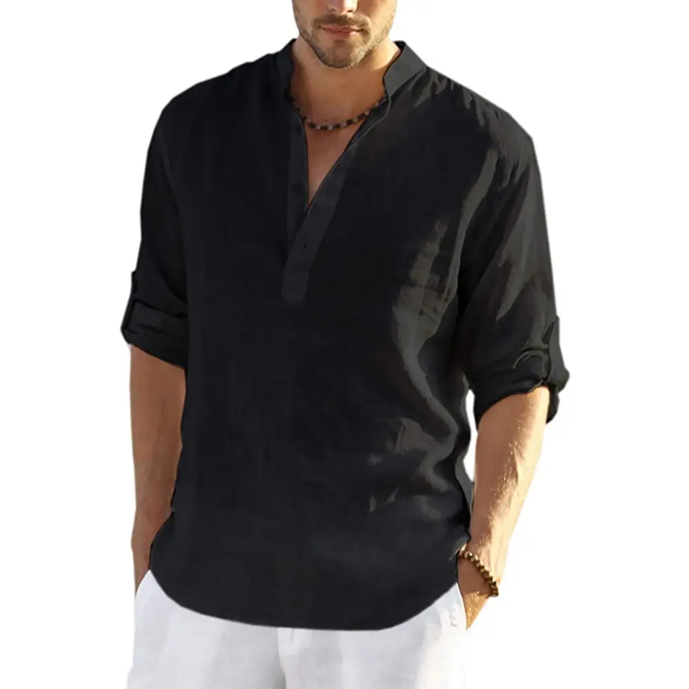 Men's Daily Linen Long Sleeve Shirt Solid Color Loose Casual Shirt Cotton Linen Comfy Fit Blouses Men Clothing