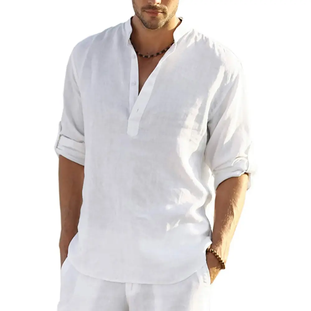 Men's Daily Linen Long Sleeve Shirt Solid Color Loose Casual Shirt Cotton Linen Comfy Fit Blouses Men Clothing