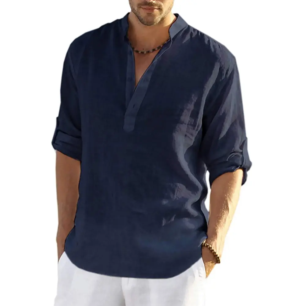 Men's Daily Linen Long Sleeve Shirt Solid Color Loose Casual Shirt Cotton Linen Comfy Fit Blouses Men Clothing