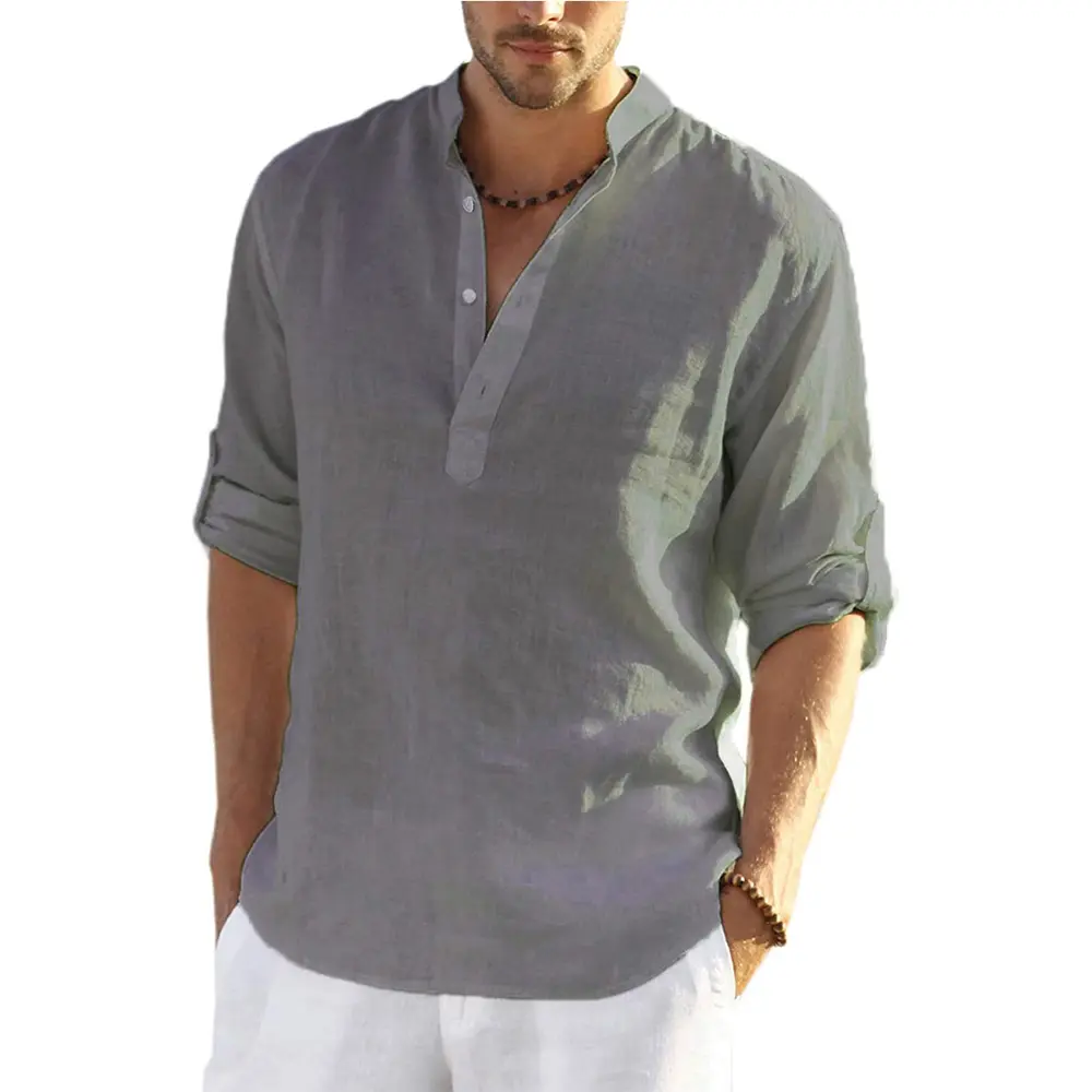 Men's Daily Linen Long Sleeve Shirt Solid Color Loose Casual Shirt Cotton Linen Comfy Fit Blouses Men Clothing