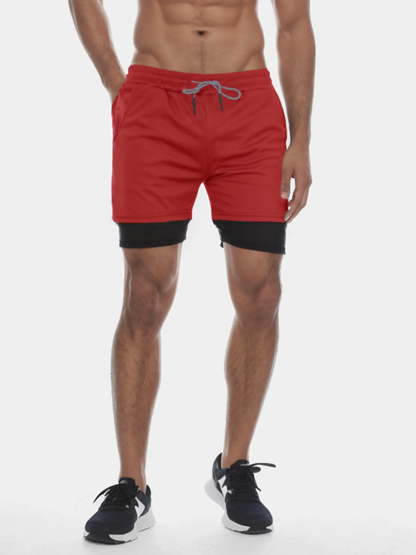 Men's 2-in-1 Sports Fitness Shorts Drawstring Mesh Lining Elastic Waist Breathable Quick Dry Training Double Layered Shorts